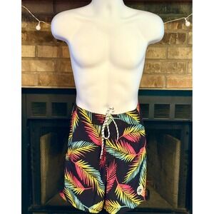 Panama Jack Mens Board Shorts Size 32 Black Neon Tropical Palm Leaf Swim Trunks